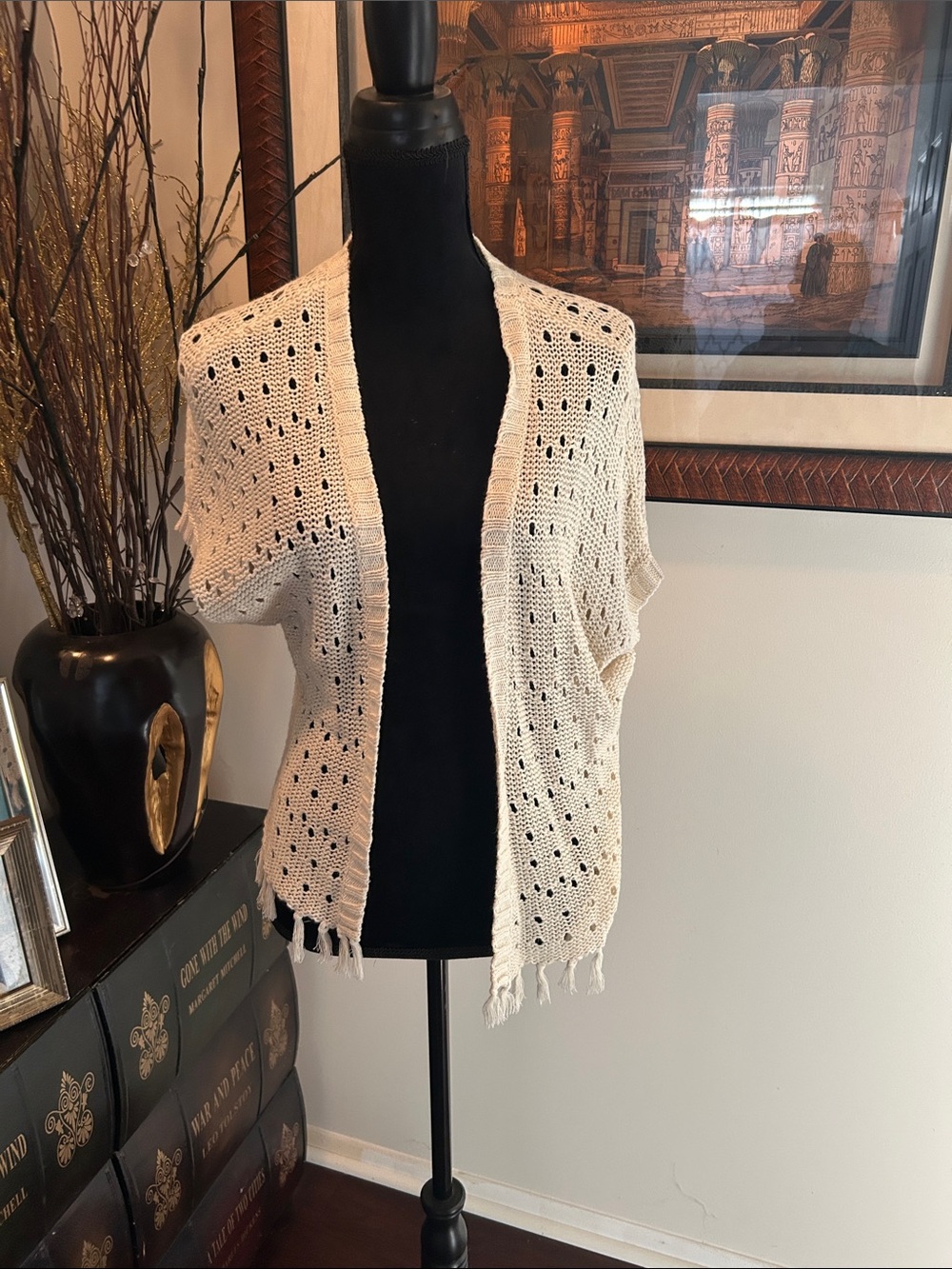 NY Collection Cream Open-Weave Fringe Short Sleeve Cardigan